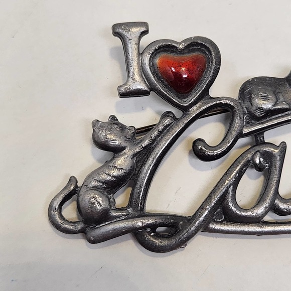 AJC I Heart Cats Silver Tone Brooch Pin Red Enamel Heart Kittens Vintage Feline - Picture 2 of 6